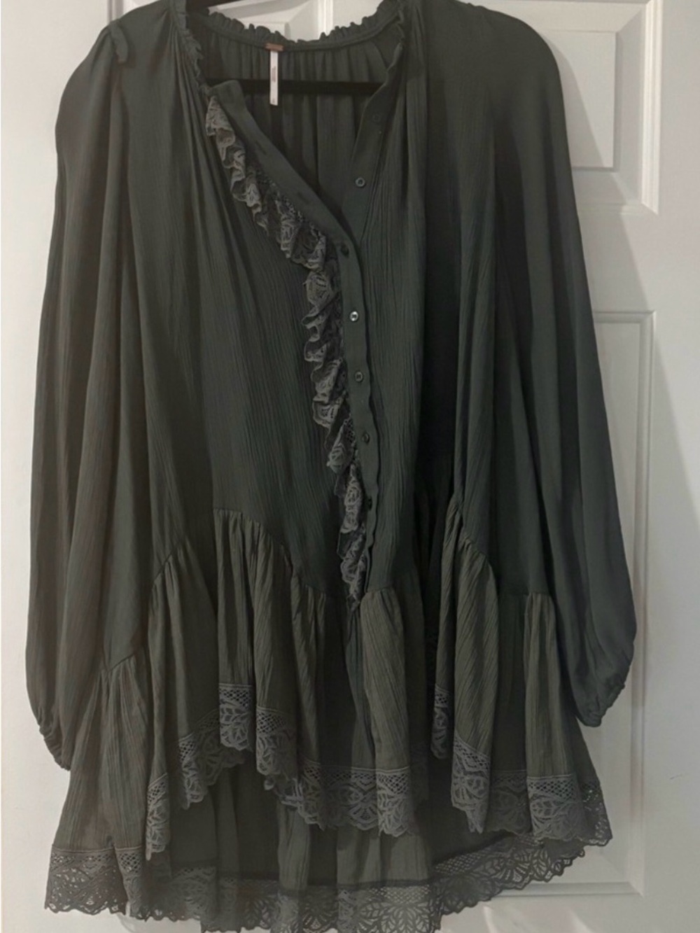 Free People Olive Green Ruffle Lace Tunic Blouse